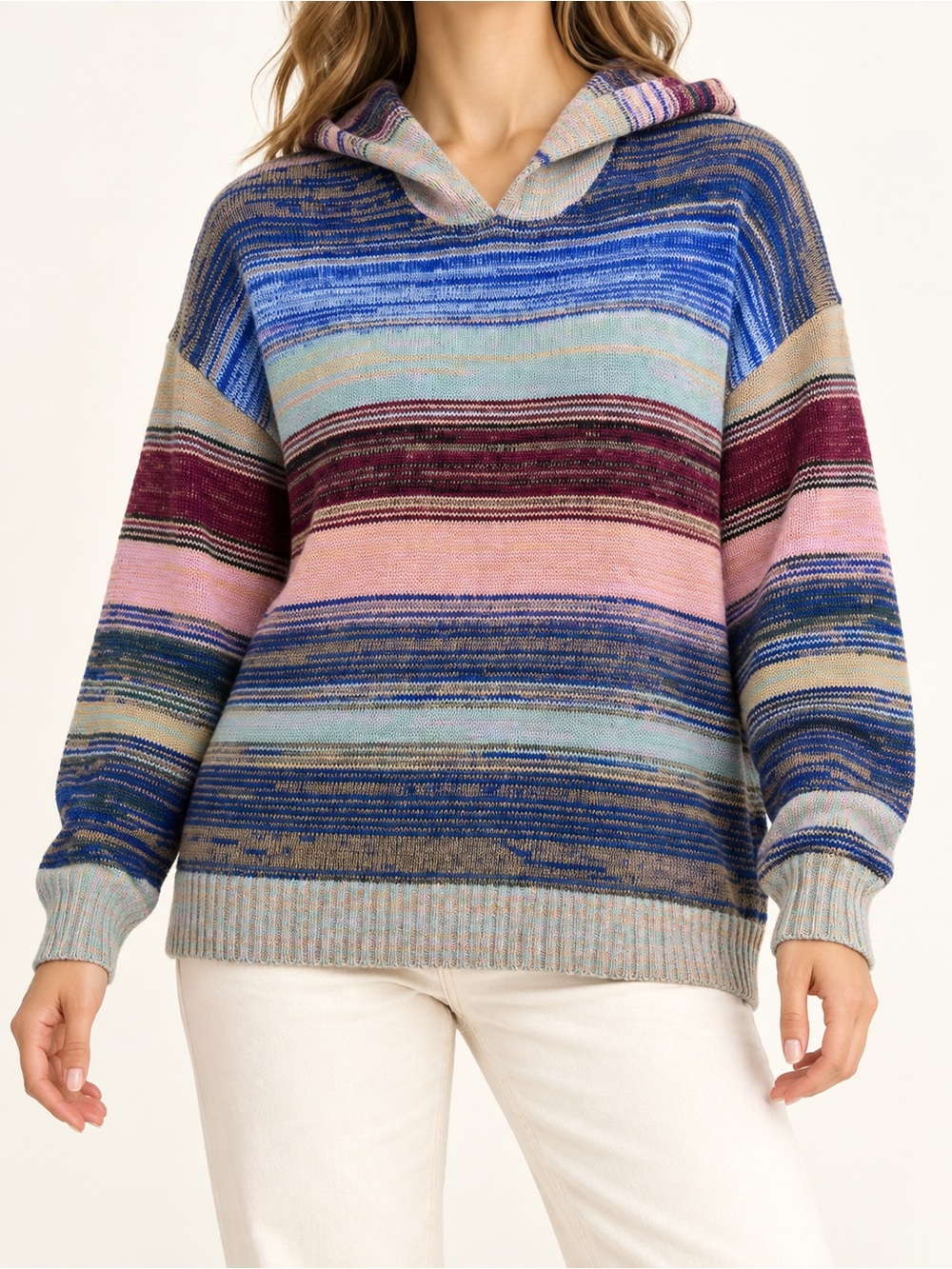 OVLA XL Cozy Multicolor Striped Knit Hoodie Sweater Boho Relaxed Fit